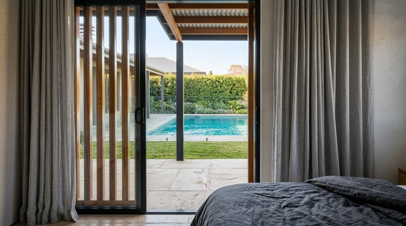 Render del dormitorio con salida directa al patio y la pileta