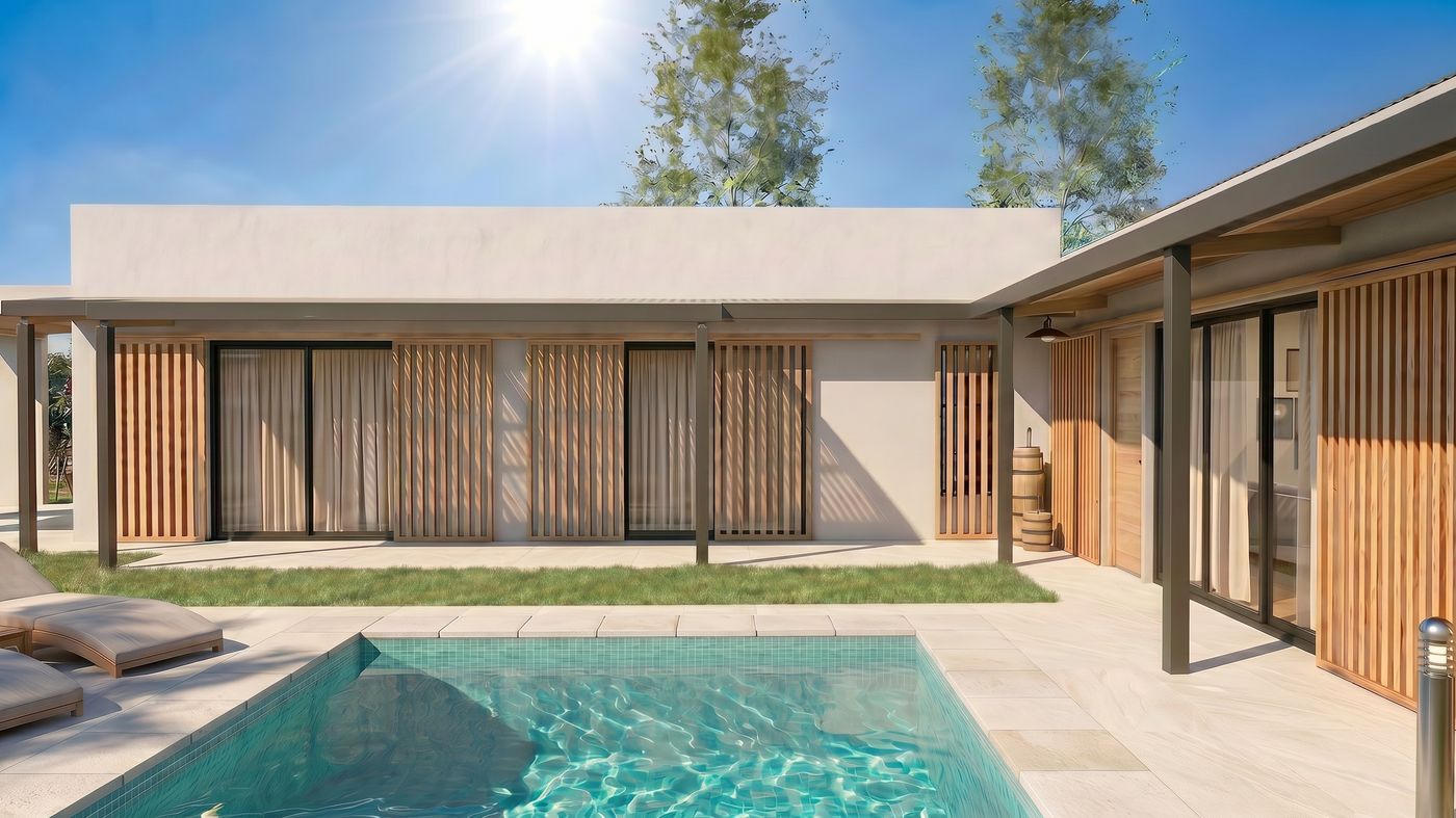 Render del patio con pileta y parasoles de madera