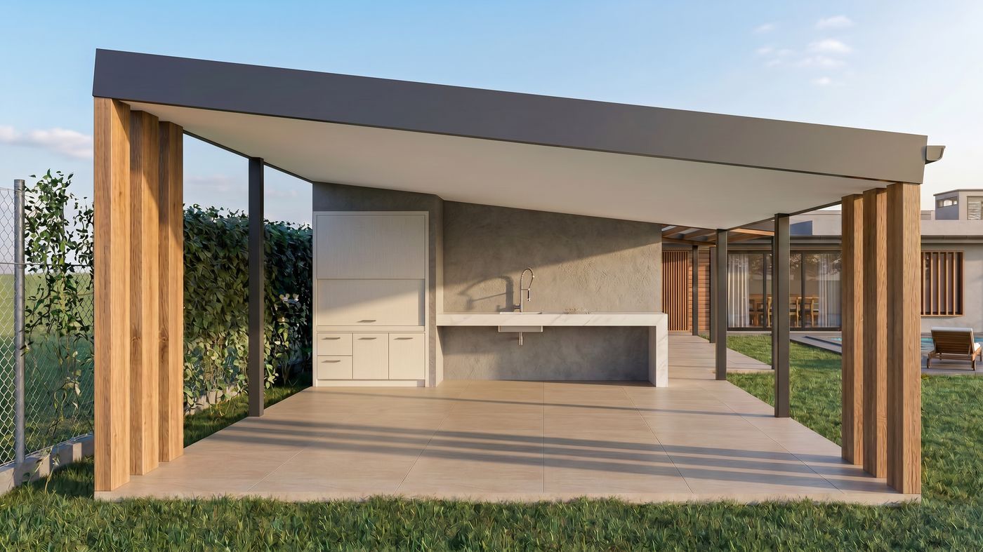 Render del quincho abierto al parque